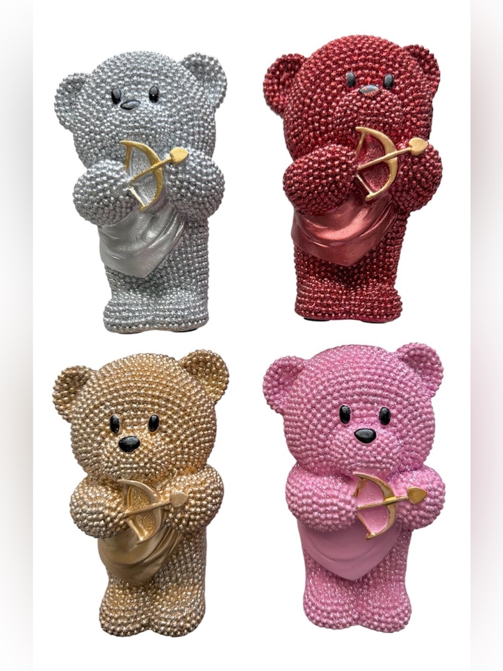 4 Cute Sparkling Glittery Teddy Bear 5” Figures- Pink, Red, Silver, Gold